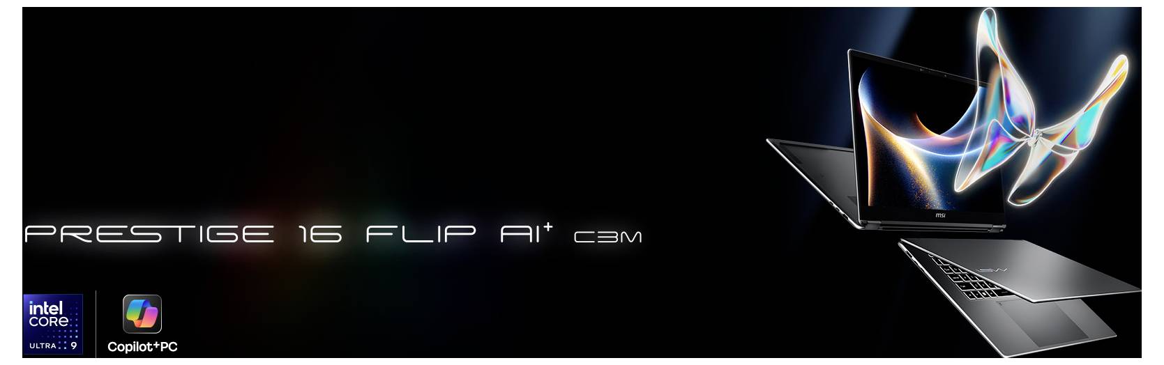 Ein Laptop mit lebendigen Lichtspuren, mit dem Titel „Prestige 16 Flip Ai*