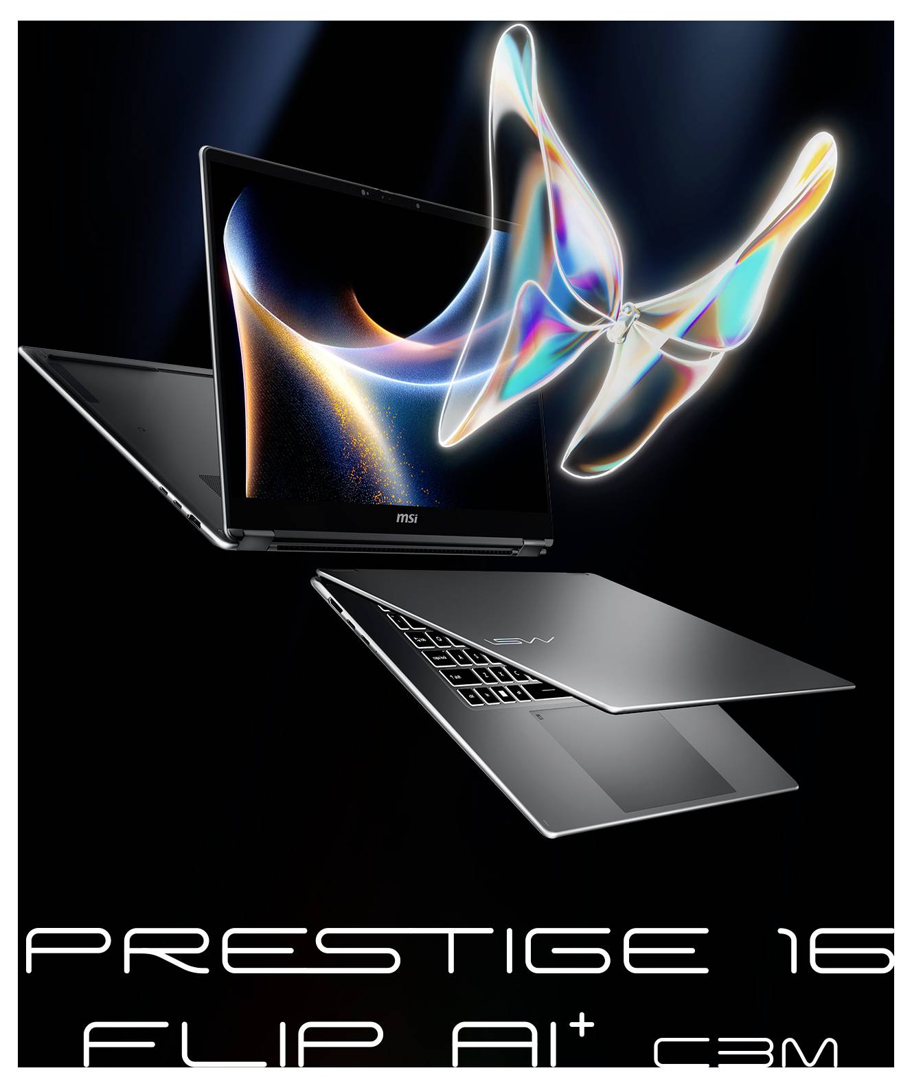 Drei Laptops schweeben vor einem farbenfrohen, abstrakten Schmetterling auf schwarzem Hintergrund. Der Text darunter lautet „Prestige 16 Flip A13M