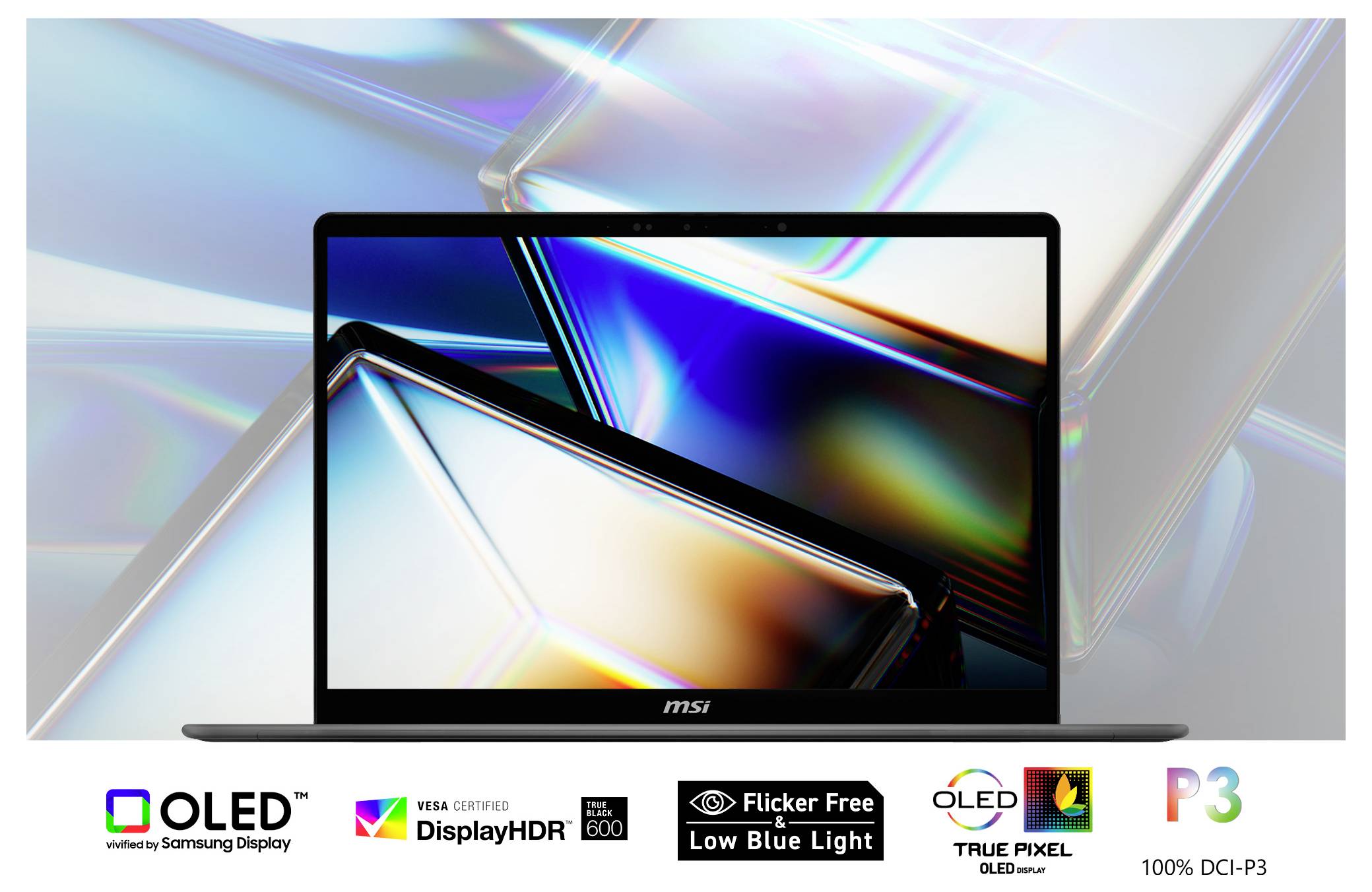Ein Laptop mit lebendigen abstrakten Mustern und folgenden Funktionen: OLED, VESA-zertifiziertes DisplayHDR, Flimmerfrei, Niedriges Blaulicht, 100% DCI-P3.