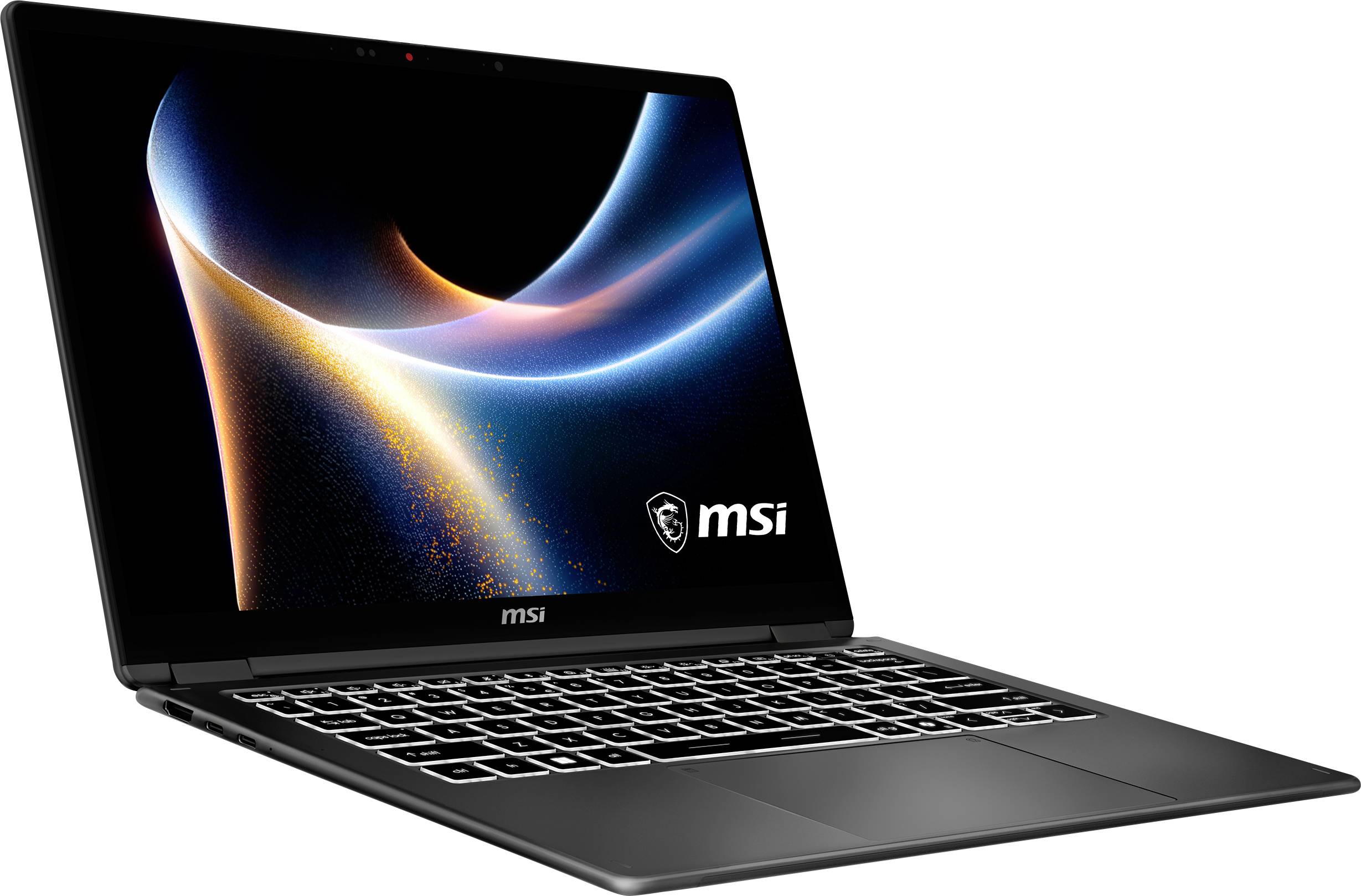 MSI-Laptop mit leuchtendem abstraktem Lichtdesign auf dem Bildschirm, das eine elegante Tastatur und ein dünnes Gehäuse zur Schau stellt.