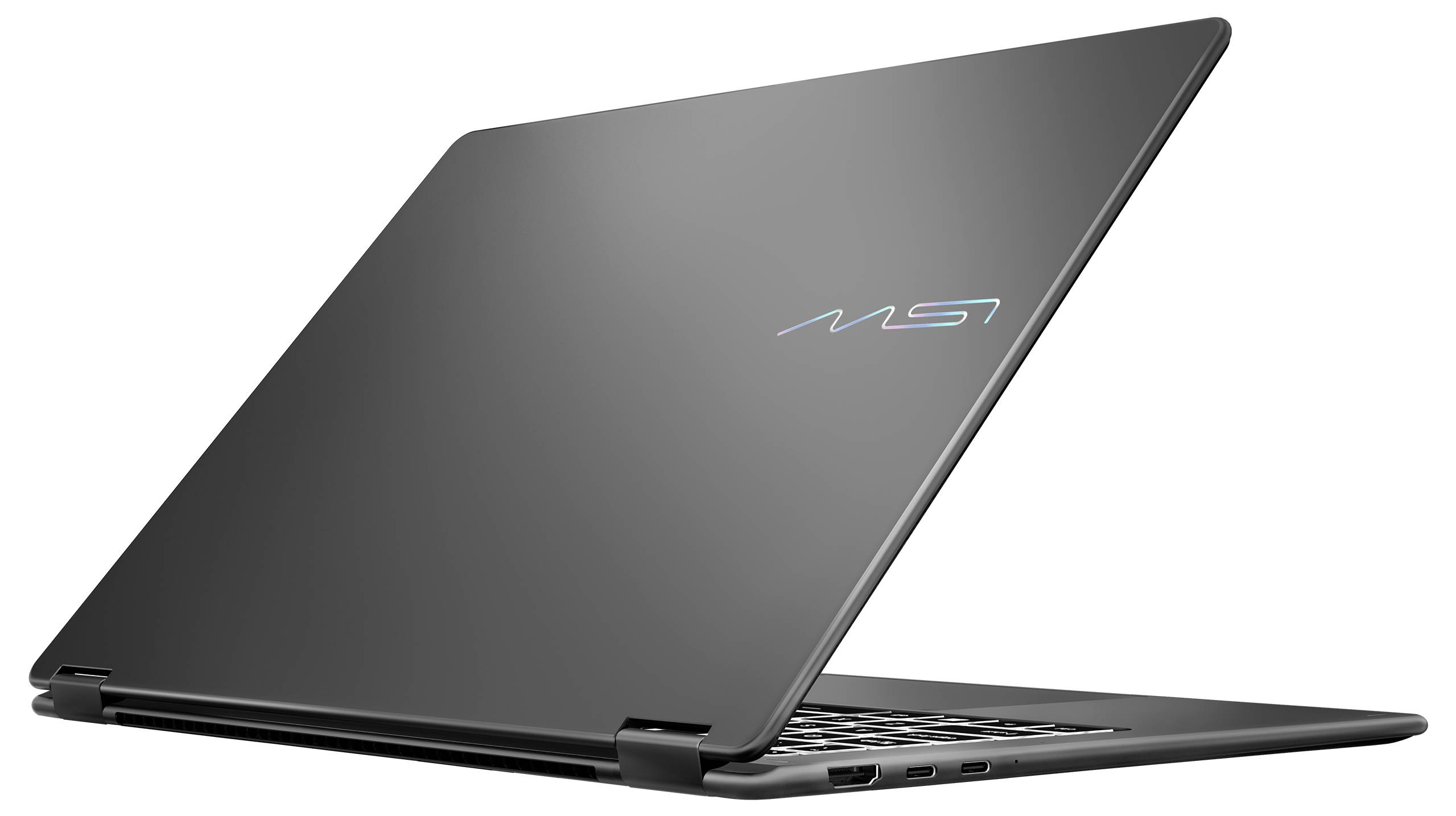 Ein schlanker, geschlossener schwarzer Laptop mit einem reflektierenden „MSI