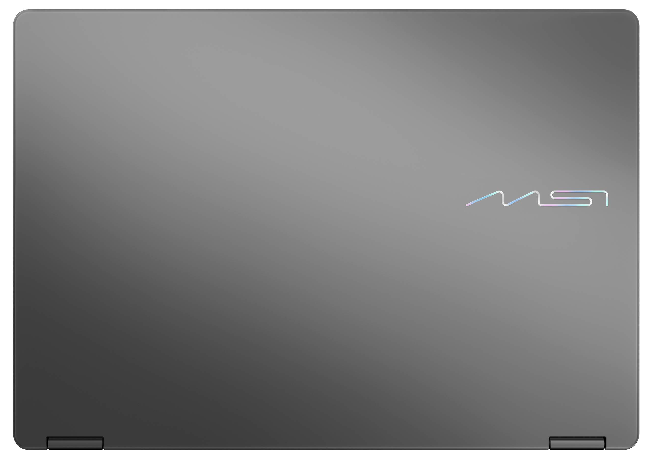 „Eleganter silberner Laptop-Deckel mit subtlem MSI-Logo in der Mitte, das ein modernes, minimalistisches Design zur Schau stellt.