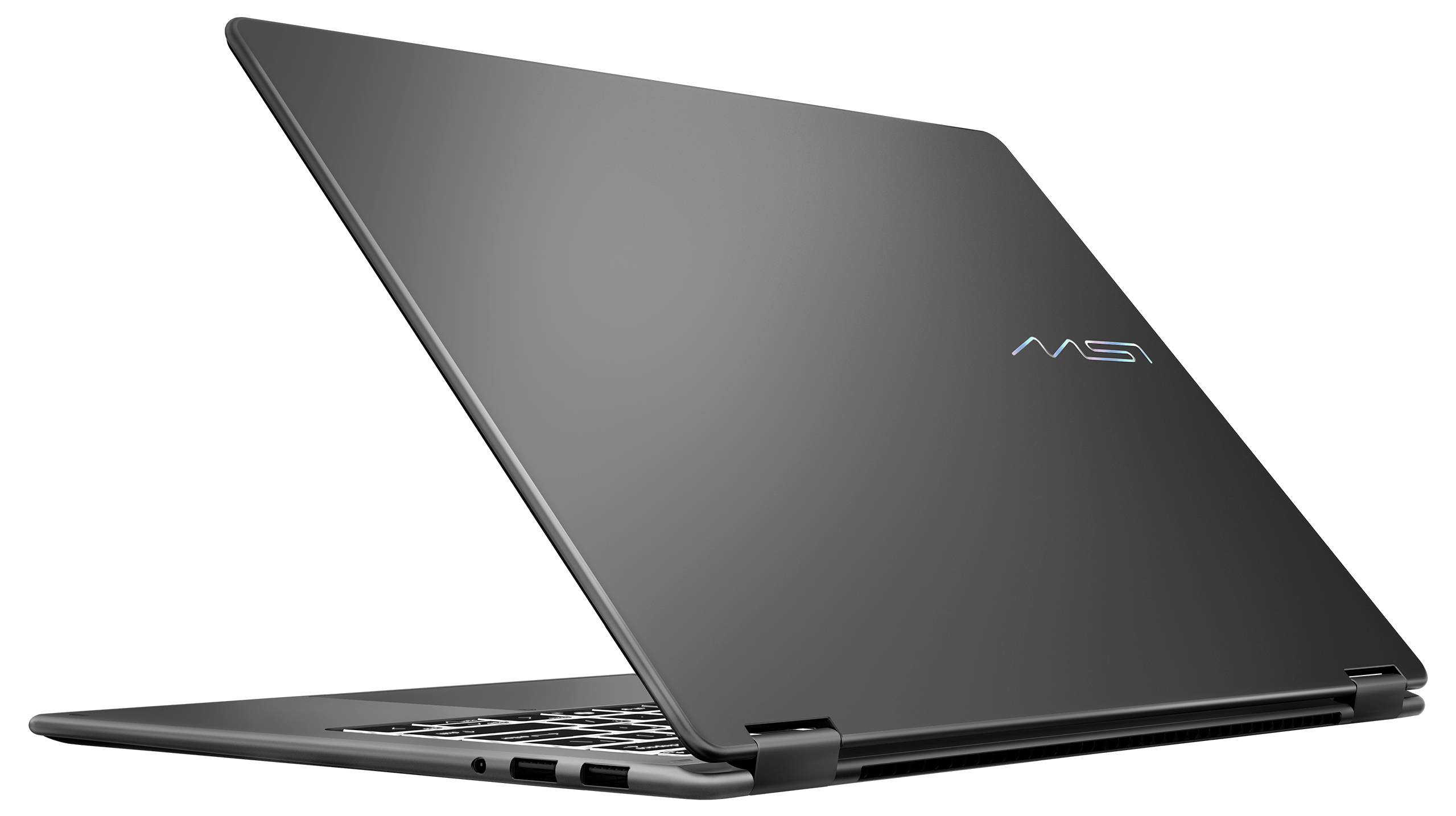 Ein eleganter, schwarzer Laptop, der teilweise geöffnet ist und seine Rückseite mit einem dezenten Logo zeigt. Das Design ist modern und minimalistisch.