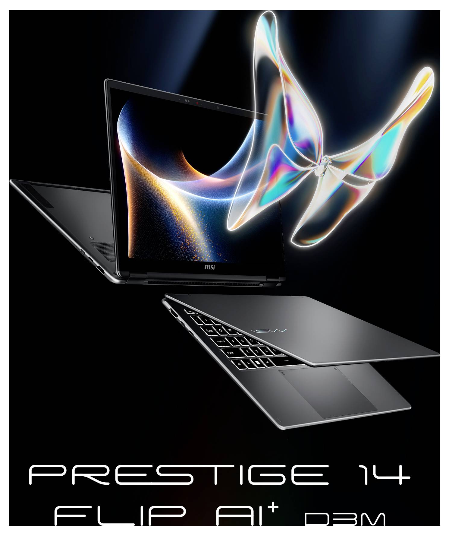 Ein Laptop mit einem farbenfrohen Schmetterlings-Hologramm wird auf dem Bildschirm angezeigt. Der Text lautet „Prestige 14 Flip A1+ P3M.
