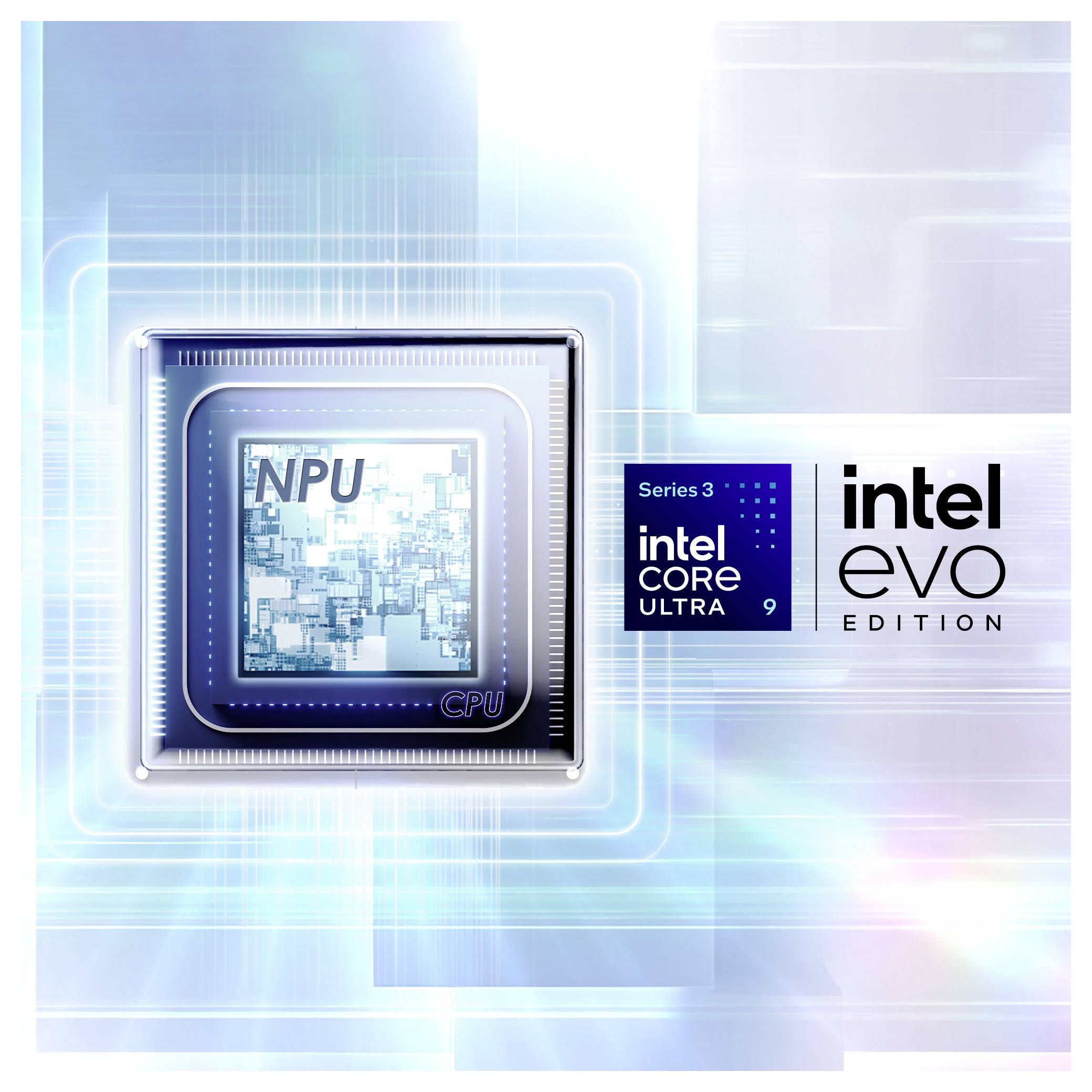 Bild eines Intel Evo Edition Prozessors mit der neuen NPU-Technologie für erweiterte Rechenleistung. Der Hintergrund hat ein High-Tech-Design.