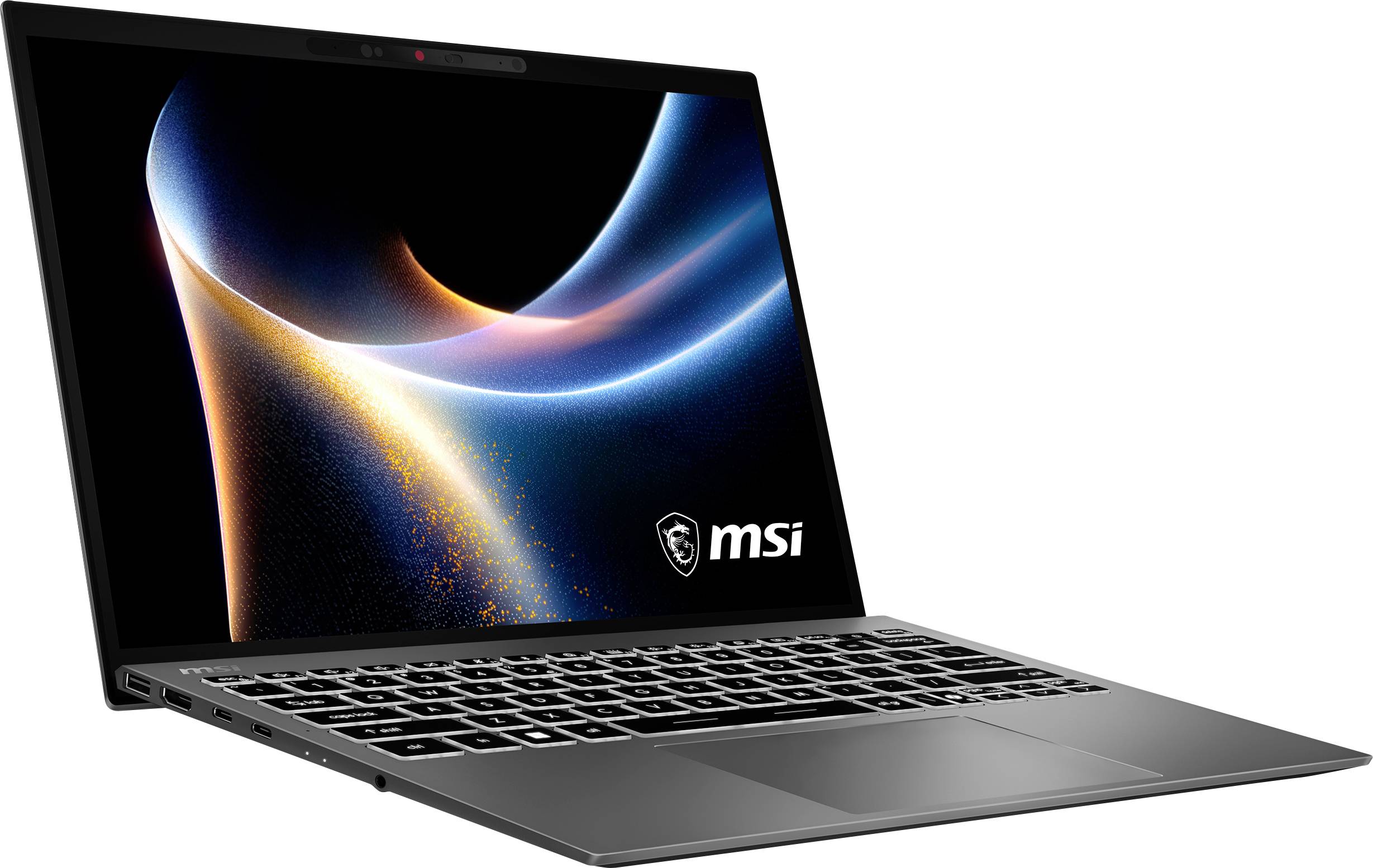 Ein eleganter MSI-Laptop mit einem lebendigen Display, auf dem ein abstraktes blaues und orangefarbenes Muster wirbelt.