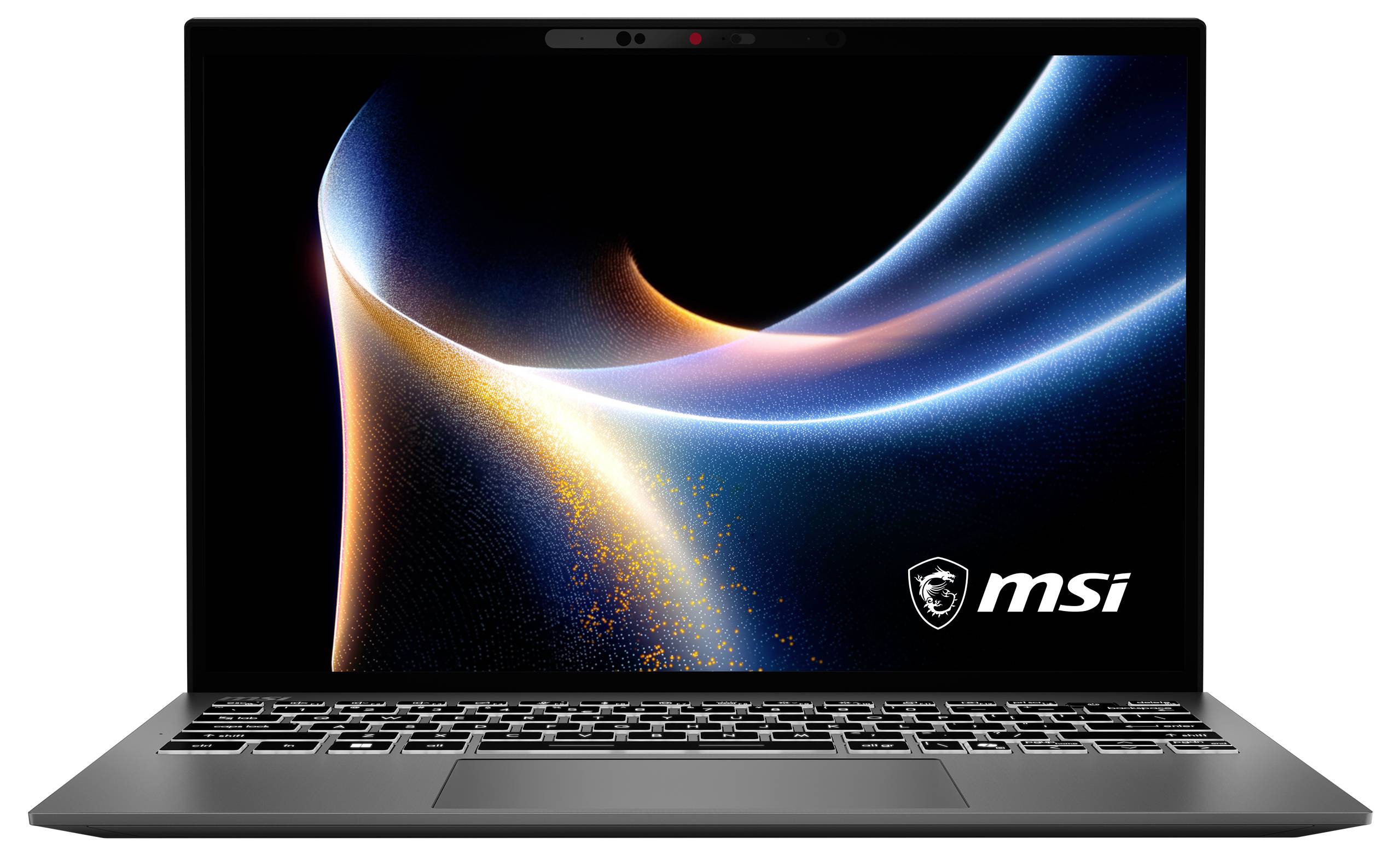 Ein Laptop, der auf dem Bildschirm ein wirbelndes abstraktes Lichtmuster anzeigt, mit dem „MSI