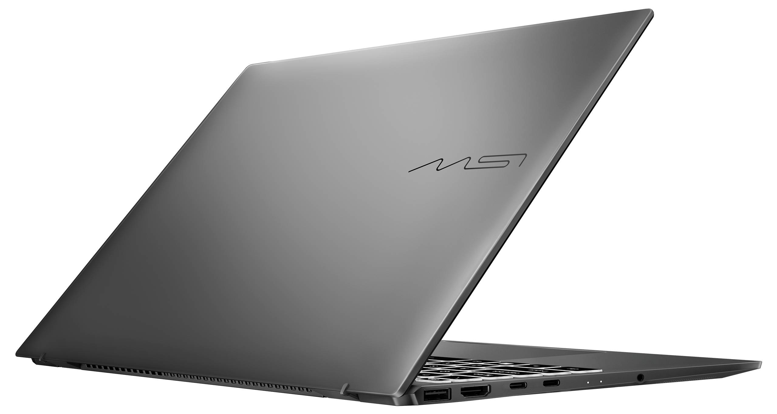 Eleganter silberner Laptop mit dem MSI-Logo auf dem Deckel, von hinten betrachtet mit teilweise geöffnetem Bildschirm, das sein schlankes Design zur Schau stellt.