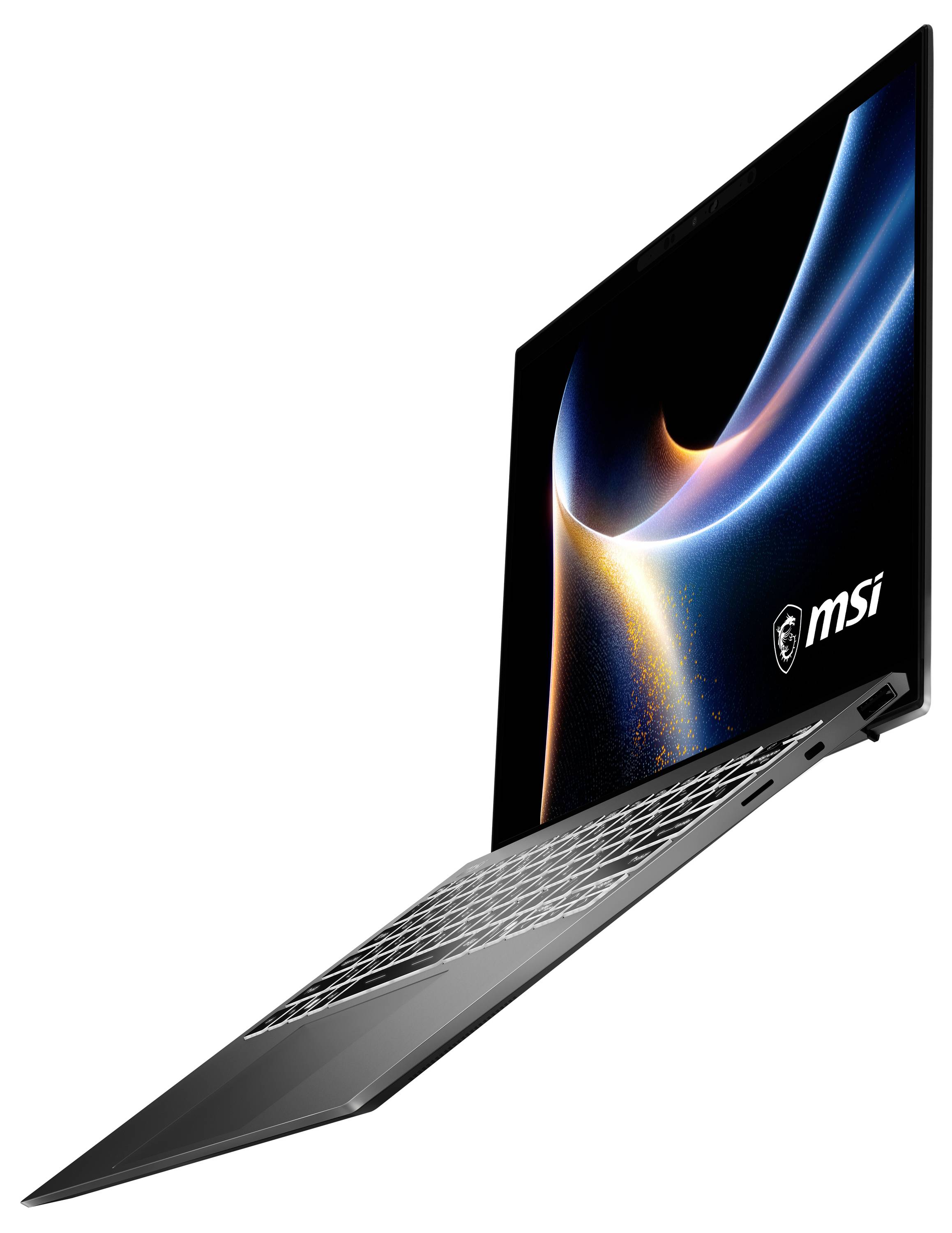 Ein eleganter Laptop mit leuchtendem Bildschirm, auf dem ein abstraktes, farbenfrohhes digitales Design angezeigt wird; das Markenlogo „MSI