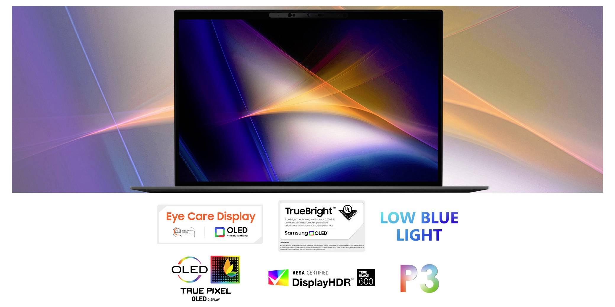 Laptop mit leuchtendem Bildschirm, der abstrakte Farben anzeigt. Beschriftungen heben die Funktionen „Eye Care Display