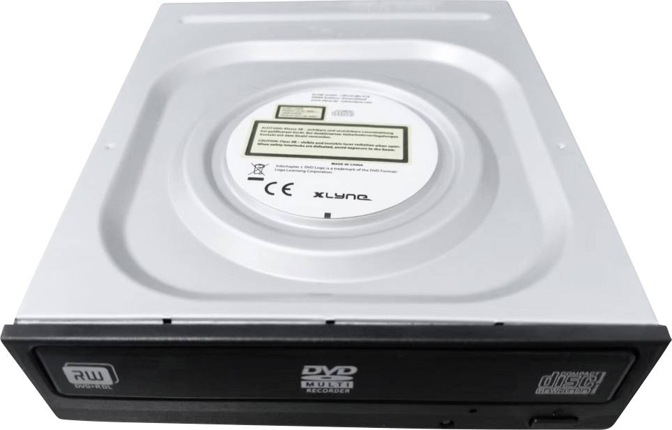 Ein silbernes internes DVD-RW-Laufwerk mit schwarzem Frontpaneel und Laufwerkschacht. Verschiedene Logos und Symbole sind auf der Vorderseite sichtbar.