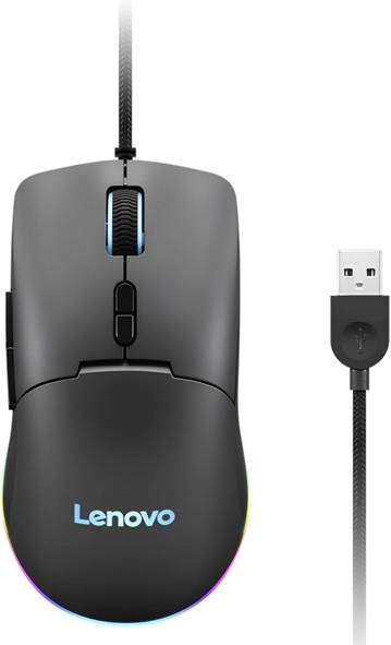 Eine schwarze Lenovo-Gaming-Maus mit RGB-Beleuchtung, verbunden über USB-Kabel. Das Design umfasst zusätzliche Seitentasten und ein Scrollrad.
