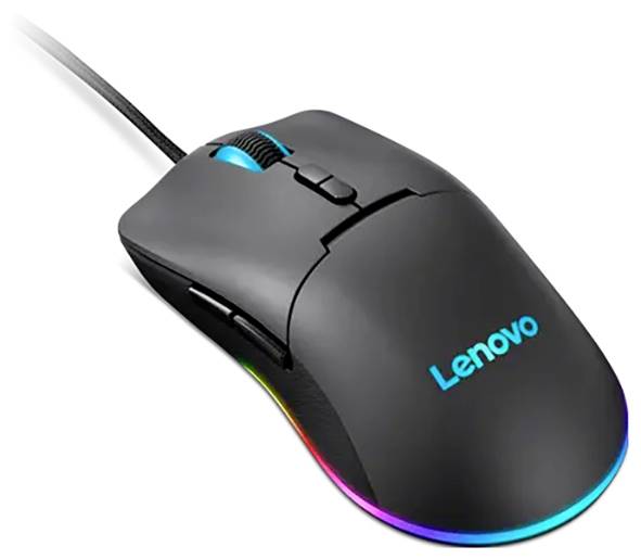 Eine schwarze Lenovo Gaming-Maus mit RGB-Beleuchtung und Kabelverbindung. Die Maus verfügt über Seitentasten und ein Scrollrad.