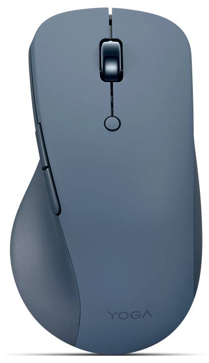 Eine elegante, kabellose Computermaus mit matter Oberfläche, ausgestattet mit einem Scroll-Rad und Seitentasten, mit der Markenbezeichnung „YOGA