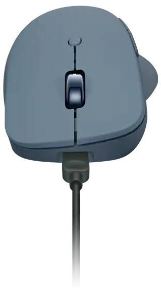 Eine graue Computermaus mit Scrollrad und Kabel, von oben betrachtet. Die Maus hat ein leicht gekrümmtes ergonomisches Design.