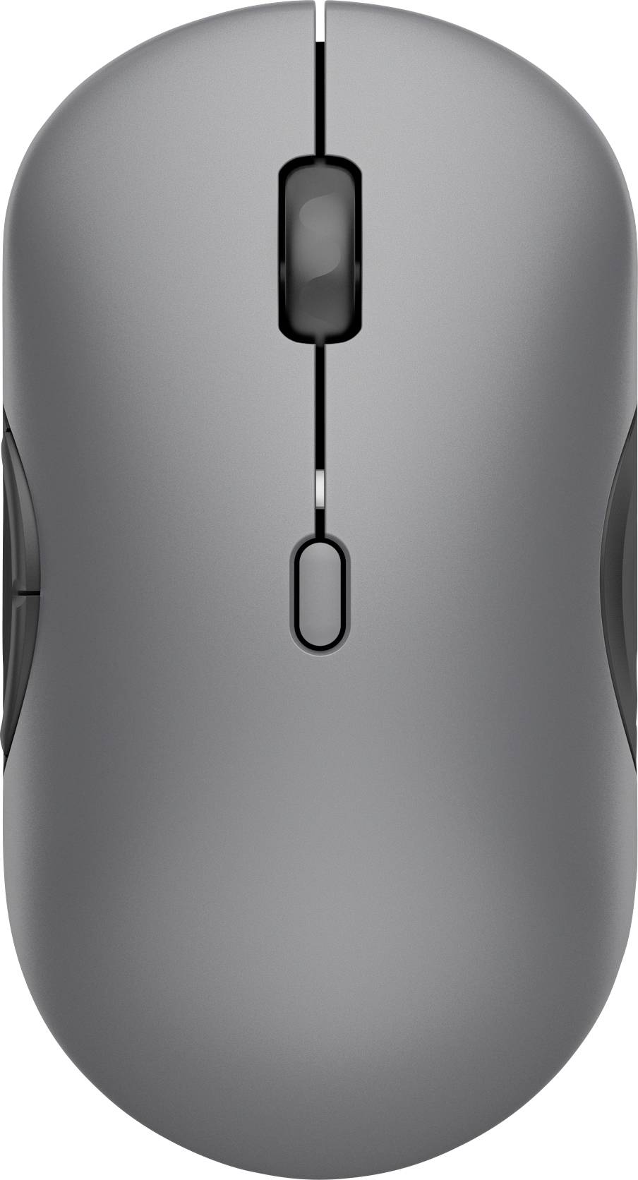 Eine schlanke, graue kabellose Maus mit einem Scrollrad in der Mitte der Oberseite, entworfen für ergonomische Verwendung.