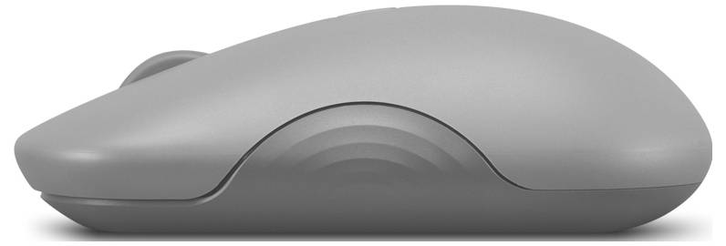 Eine schlanke, graue Computermaus, von der Seite betrachtet, zeigt ihr glattes, ergonomisches Design.