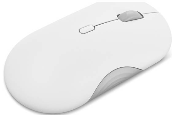 Graue Lenovo-Maus mit verstellbarem DPI-Schalter, Batteriefach und Ein-/Ausschalter auf der Unterseite.