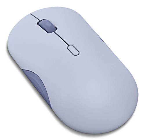 Eine kabellose Computermaus mit schlankem Design, die zwei Tasten und ein Scrollrad aufweist und sich für ergonomische Nutzung eignet.