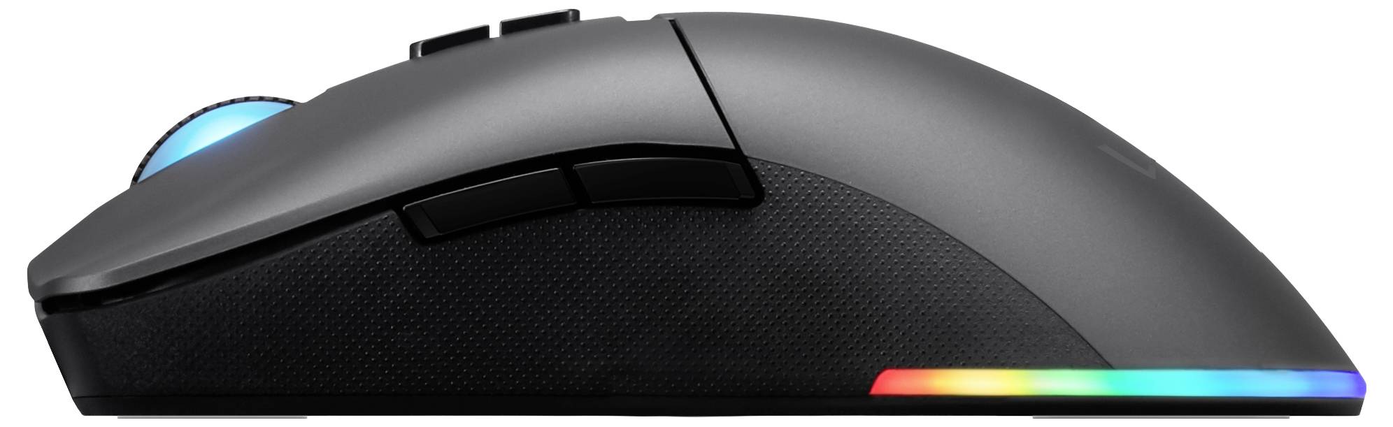 Eine schwarze Gaming-Maus in Seitenansicht mit RGB-Beleuchtung entlang der Unterkante und Tasten an der Seite und Oberseite.