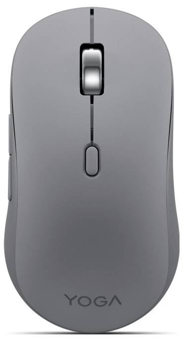 Eine schlanke, graue kabellose Computermaus mit dem Wort „YOGA