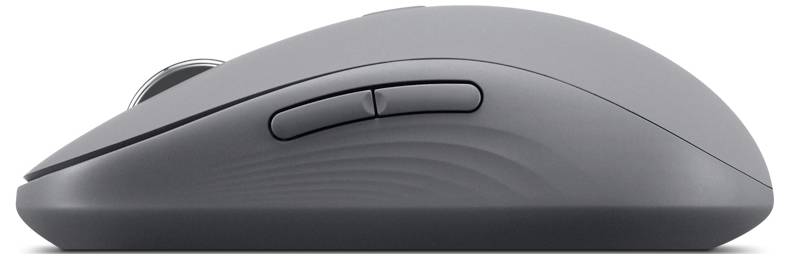 Eine schlanke graue Computermaus mit Seitentasten für verbesserte Funktionalität, von der Seite betrachtet.