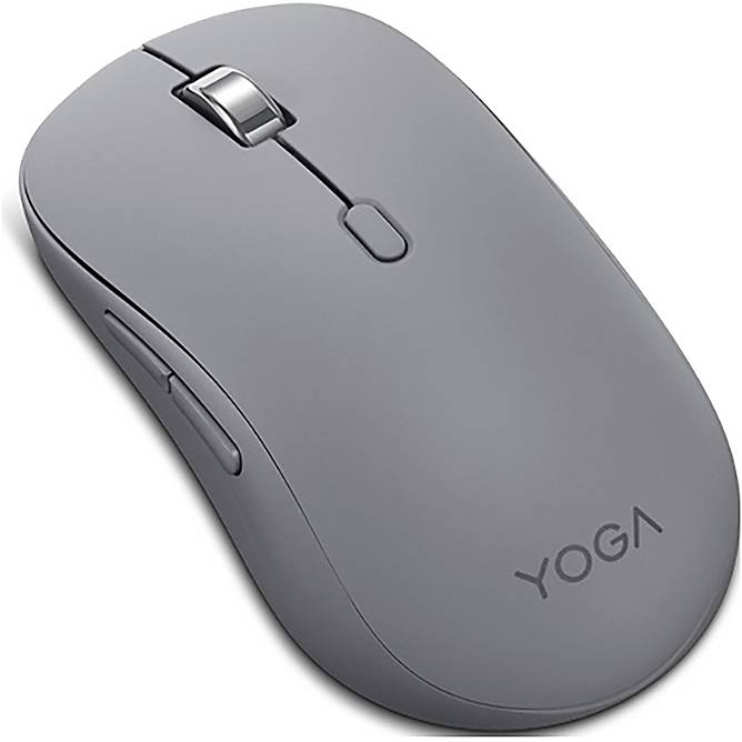Eine elegante, graue kabellose Maus mit dem Wort „Yoga