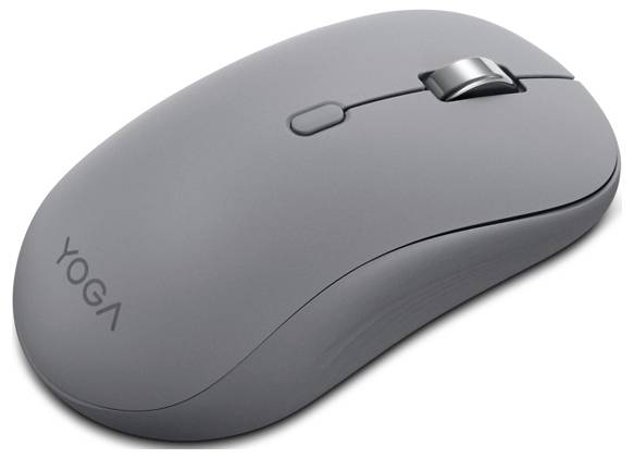 Eine elegante graue kabellose Computermaus mit einem Scrollrad und dem Wort „YOGA