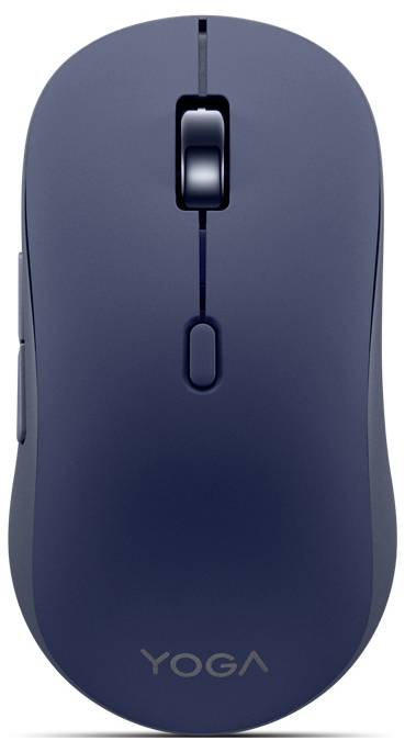 Eine dunkelblau kabellose Computermaus mit einem Scrollrad und Seitentasten. Das Wort 
