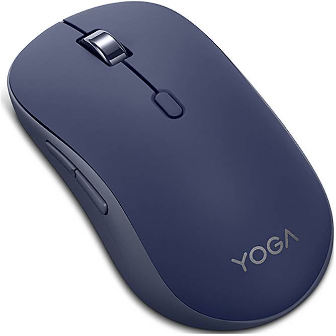 Eine blaue kabellose Computermaus mit Scrollrad und Seitentaste, auf deren Oberfläche das Logo 