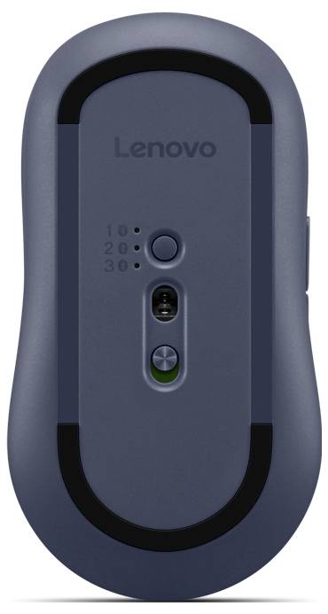 Eine blaue kabellose Lenovo-Maus mit einstellbaren DPI-Einstellungen auf der Rückseite, mit einer Stromschaltfläche und einem Sensor für optisches Tracking.