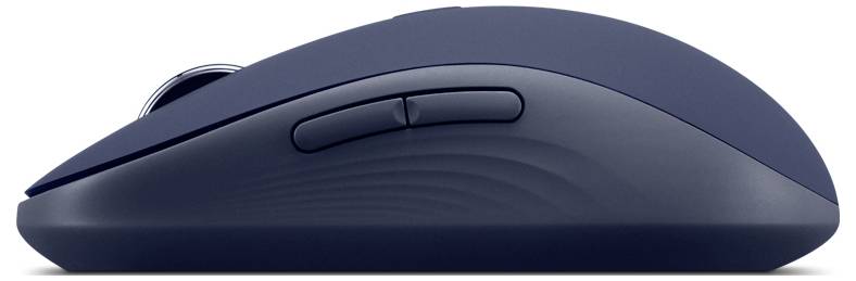 Eine blaue kabellose Computermaus mit zwei Seitentasten, von der Seite betrachtet.