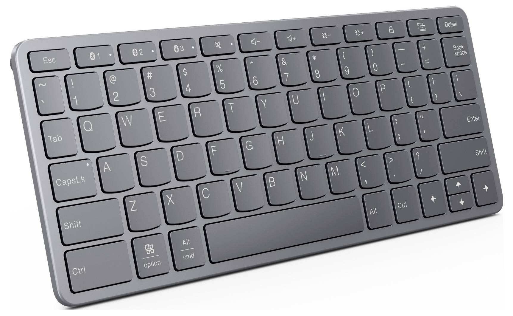 Eine schlanke, kabellose Tastatur mit grauer Oberfläche, die Funktionstasten, ein Standard-QWERTY-Layout und speziell beschriftete Zahlentasten aufweist.