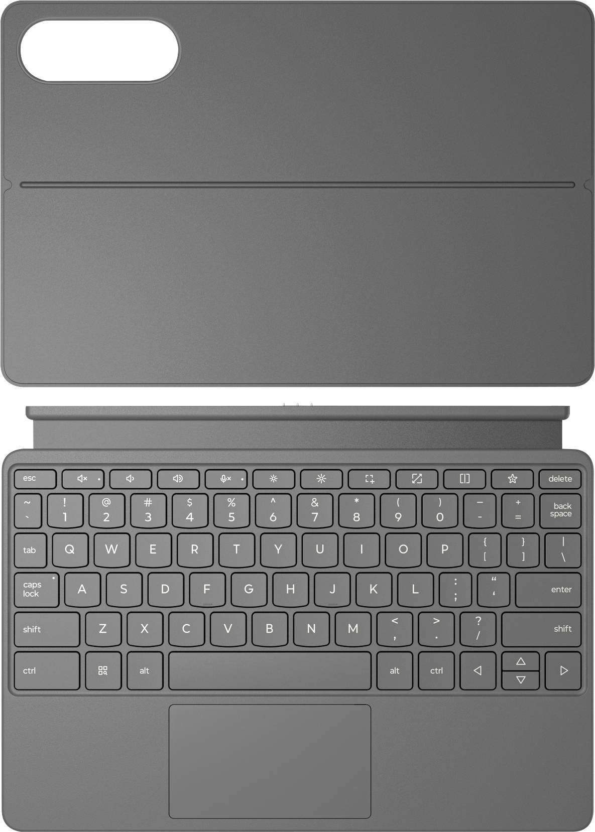 Graue Tastaturhülle für ein Tablet mit vollständigem QWERTY-Layout und Touchpad darunter. Entwickelt für Kompatibilität mit verschiedenen Geräten.