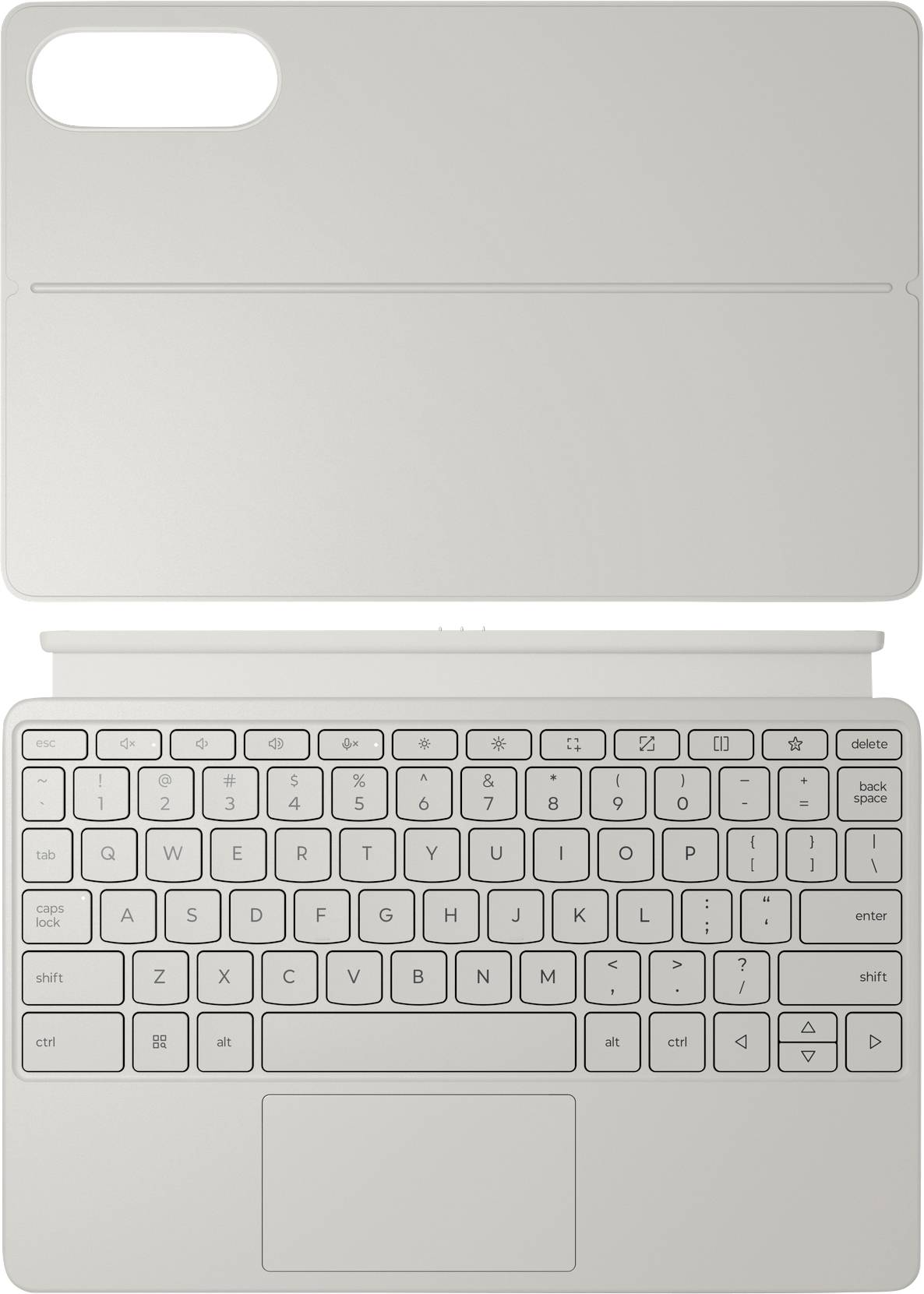 Eine abnehmbare graue Tastatur und Schutzhülle für ein Tablet. Die Tastatur verfügt über Funktionstasten und ein Touchpad. Die Hülle hat eine Aussparung für eine Kamera.