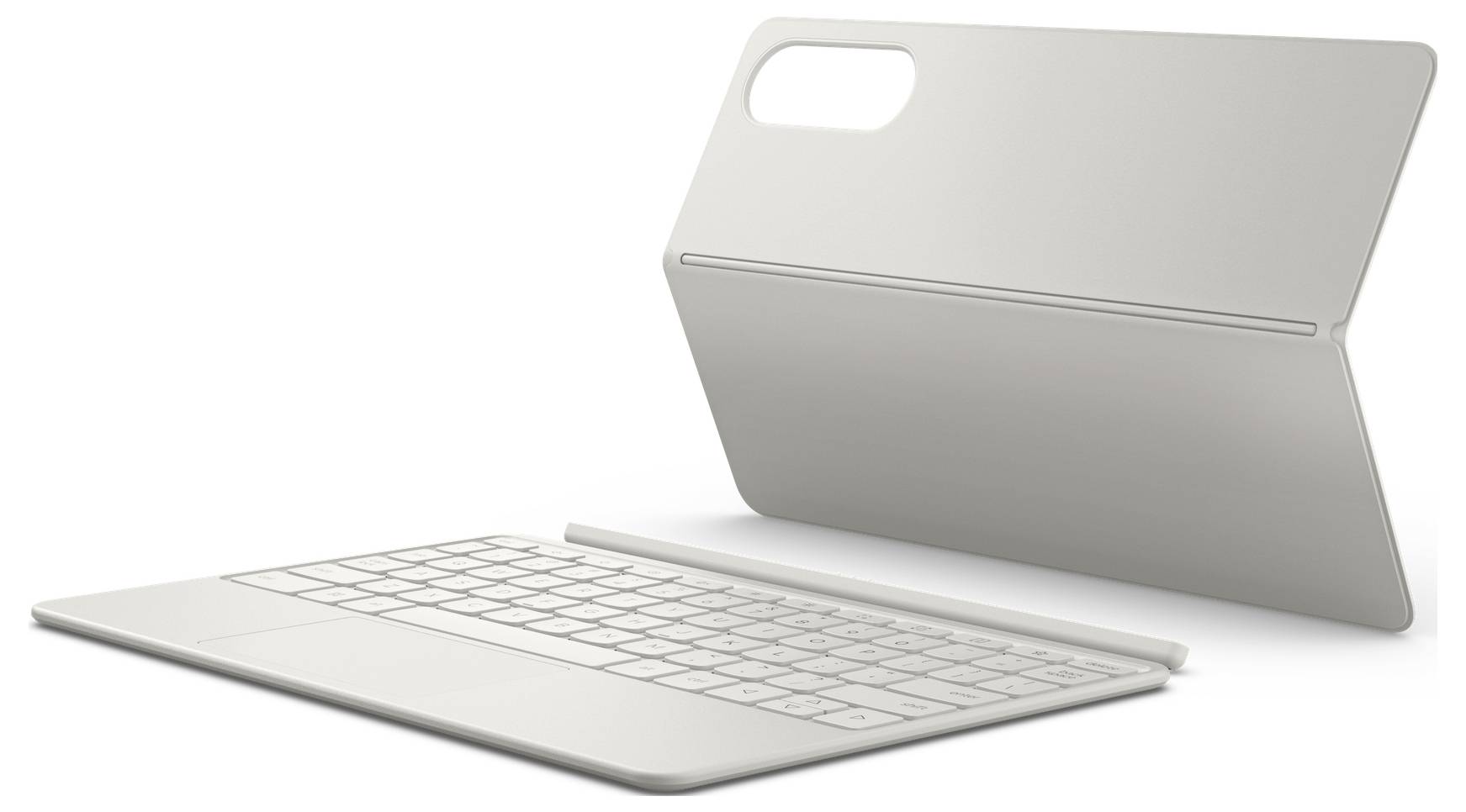 Eine elegante, abnehmbare weiße Tastatur mit Schutzrückseite, die für ein Tablet oder ähnliches Gerät entwickelt wurde und ein klappbares Ständer zeigt.