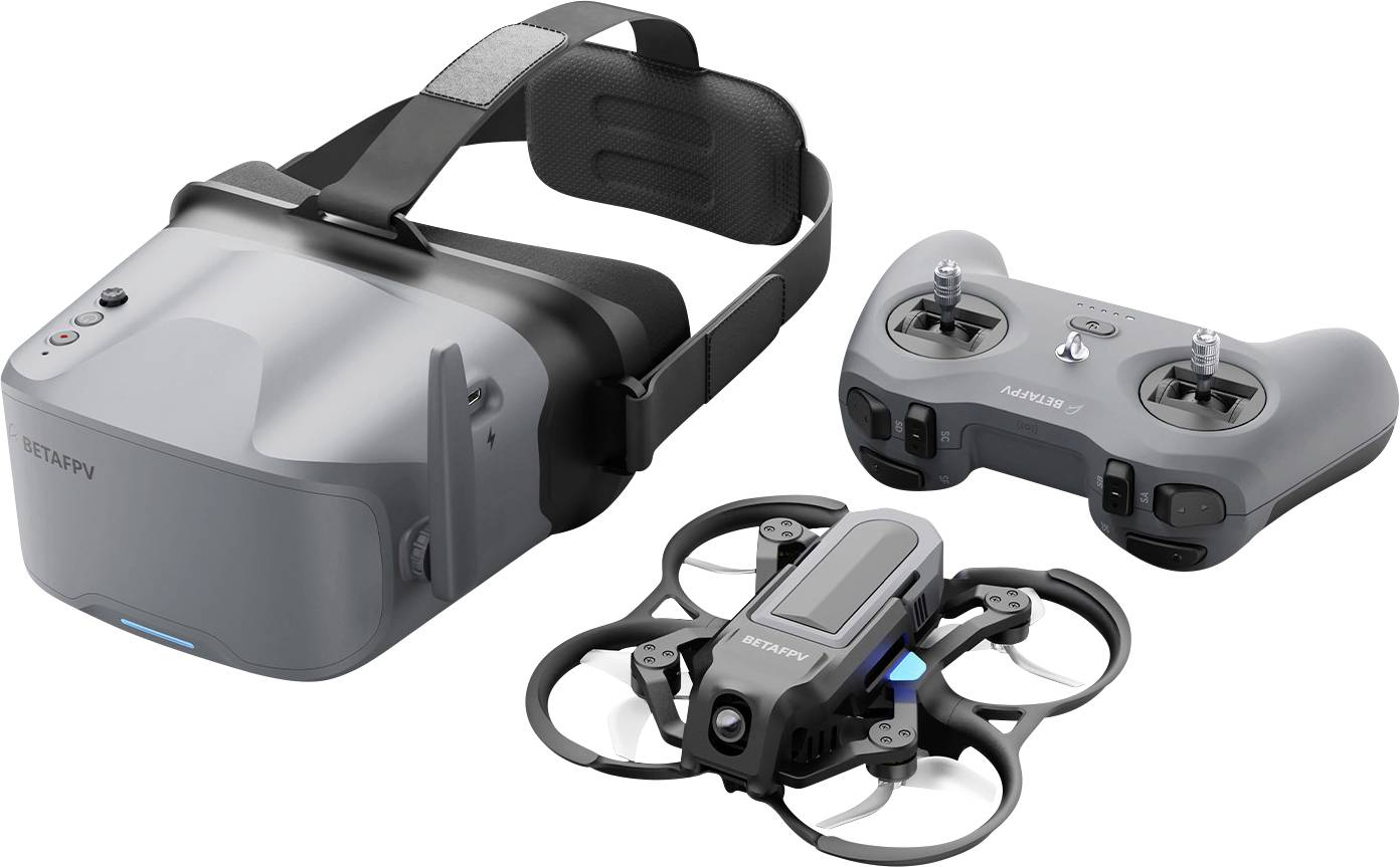 Ein VR-Headset mit Kopfband, ein Controller mit zwei Sticks und eine kleine Quadcopter-Drohne, die ein komplettes Virtual-Reality-Flugset zeigen.