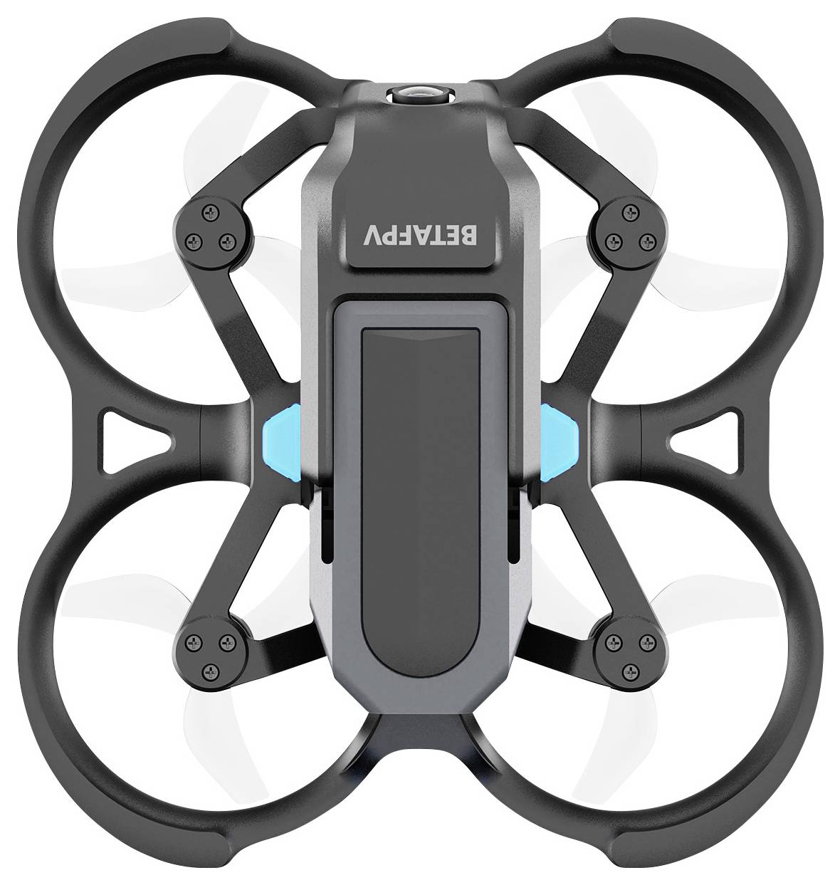 Draufsicht auf eine kleine BETAFPV-Quadcopter-Drohne mit verkleideten Propellern, dargestellt auf weißem Hintergrund.