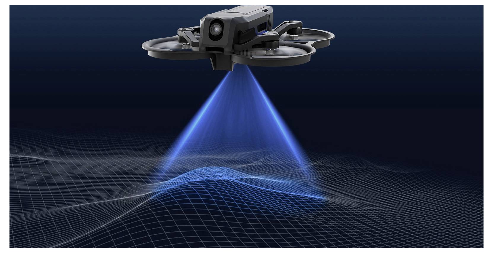 Ein drohnengestützter Sensor scannt den Boden mit einem blauen Lidar-Strahl und erstellt eine 3D-Drahtgitter-Geländekarte.