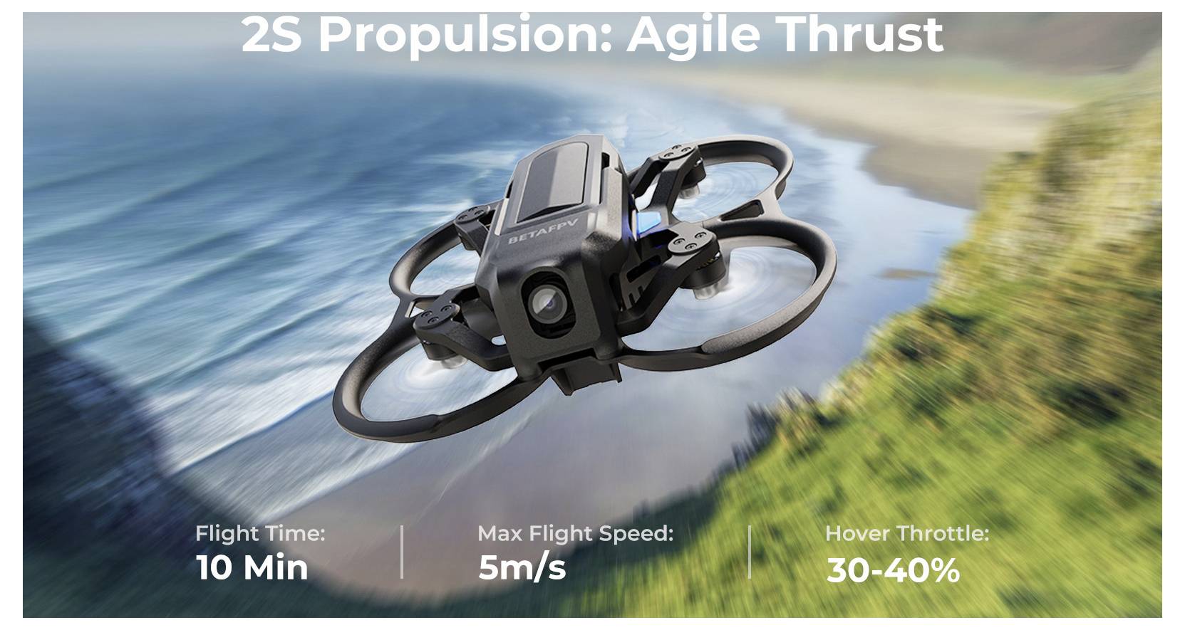 Drohnen-Werbung mit dem Titel '2S Propulsion: Agile Thrust' zeigt einen schwebenden schwarzen Quadcopter über Wasser, mit Text, der 10 Minuten Flugzeit, 5 m/s maximale Geschwindigkeit und 30-40% Schwebedrossel beansprucht.