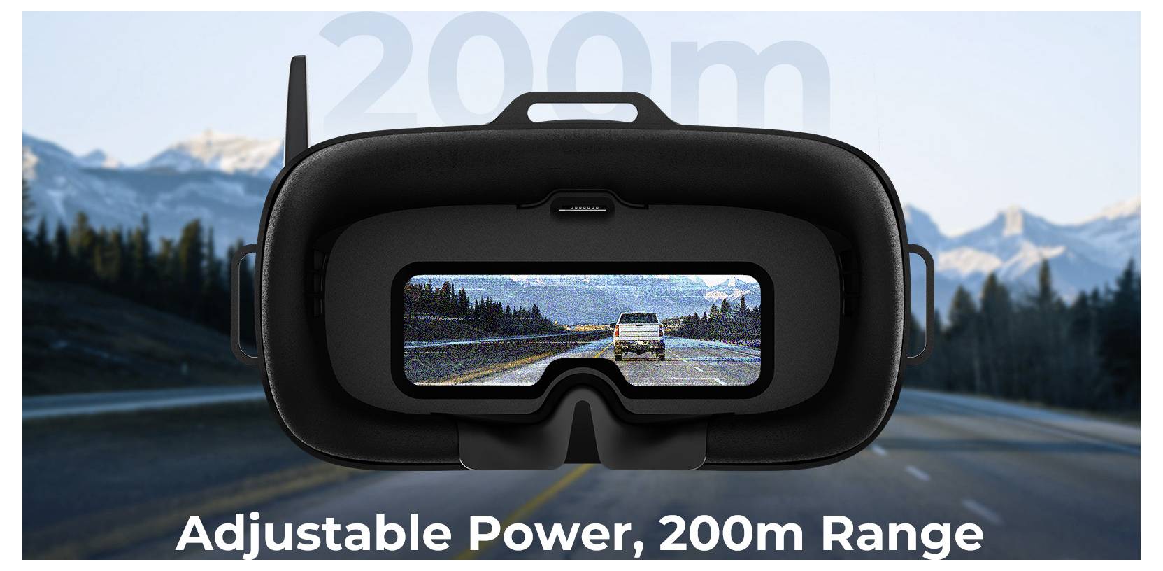 Ein VR-Headset, das eine Bergstraßenszene zeigt, mit der Beschriftung 
