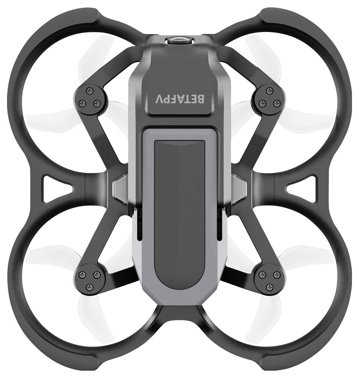 Draufsicht auf eine schwarze BETAFPV-Mikrodrohne mit verkleideten Propellern und einem zentralen Batteriekompartiment auf weißem Hintergrund.