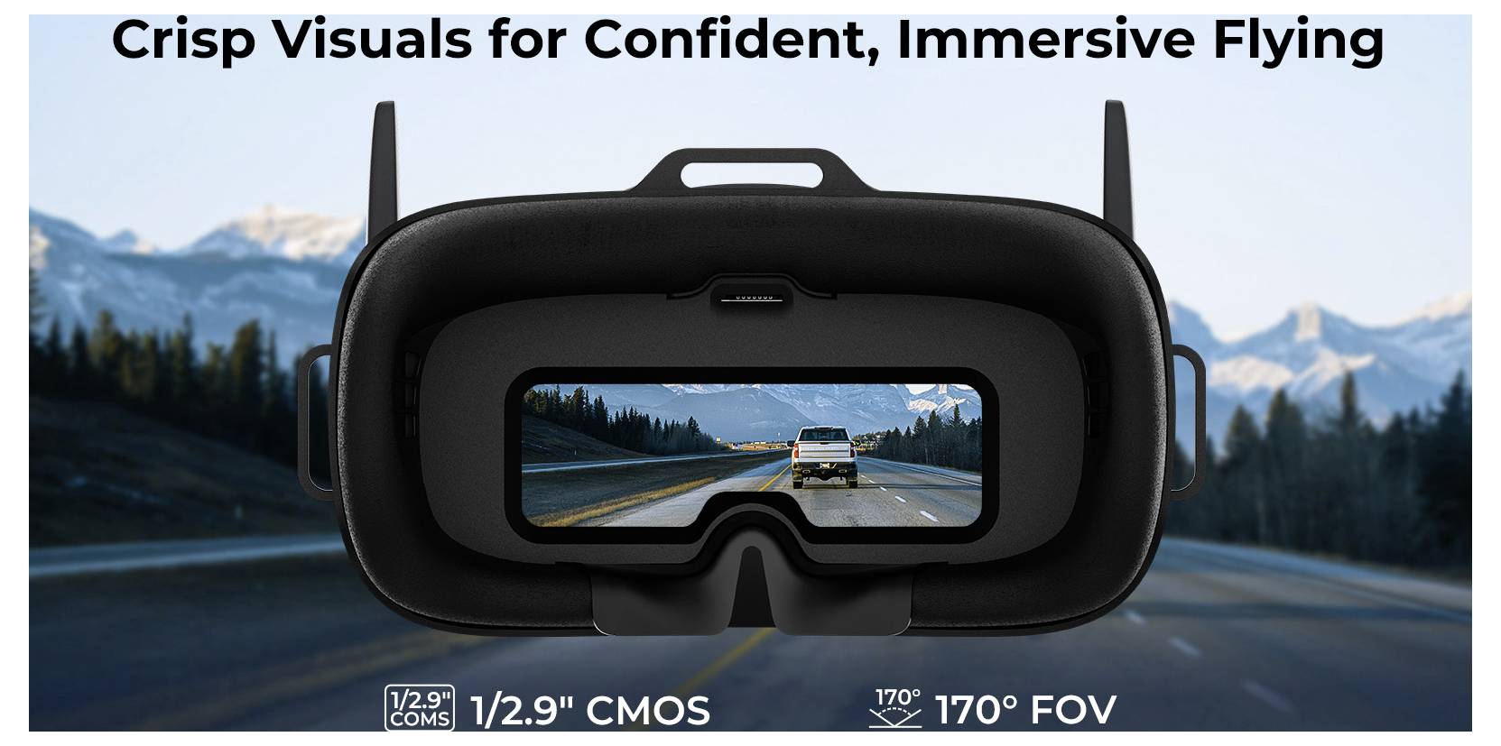 Produktanzeige für FPV-Brille mit Blick auf eine Straße durch das Display, mit Text „Kristallklare Grafiken für sicheres, immersives Fliegen" und Spezifikationen „1/2,9" CMOS" und „170° Sichtfeld".