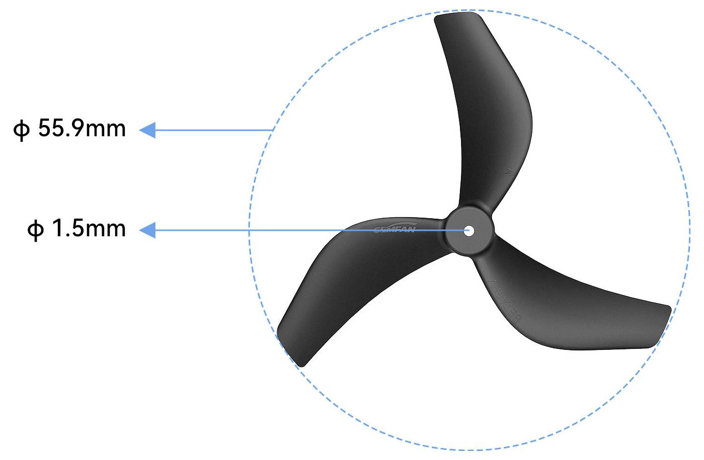 Diagramm einer dreiflügeligen Schraube mit Durchmesser 55,9 mm und Wellenloch-Durchmesser 1,5 mm.