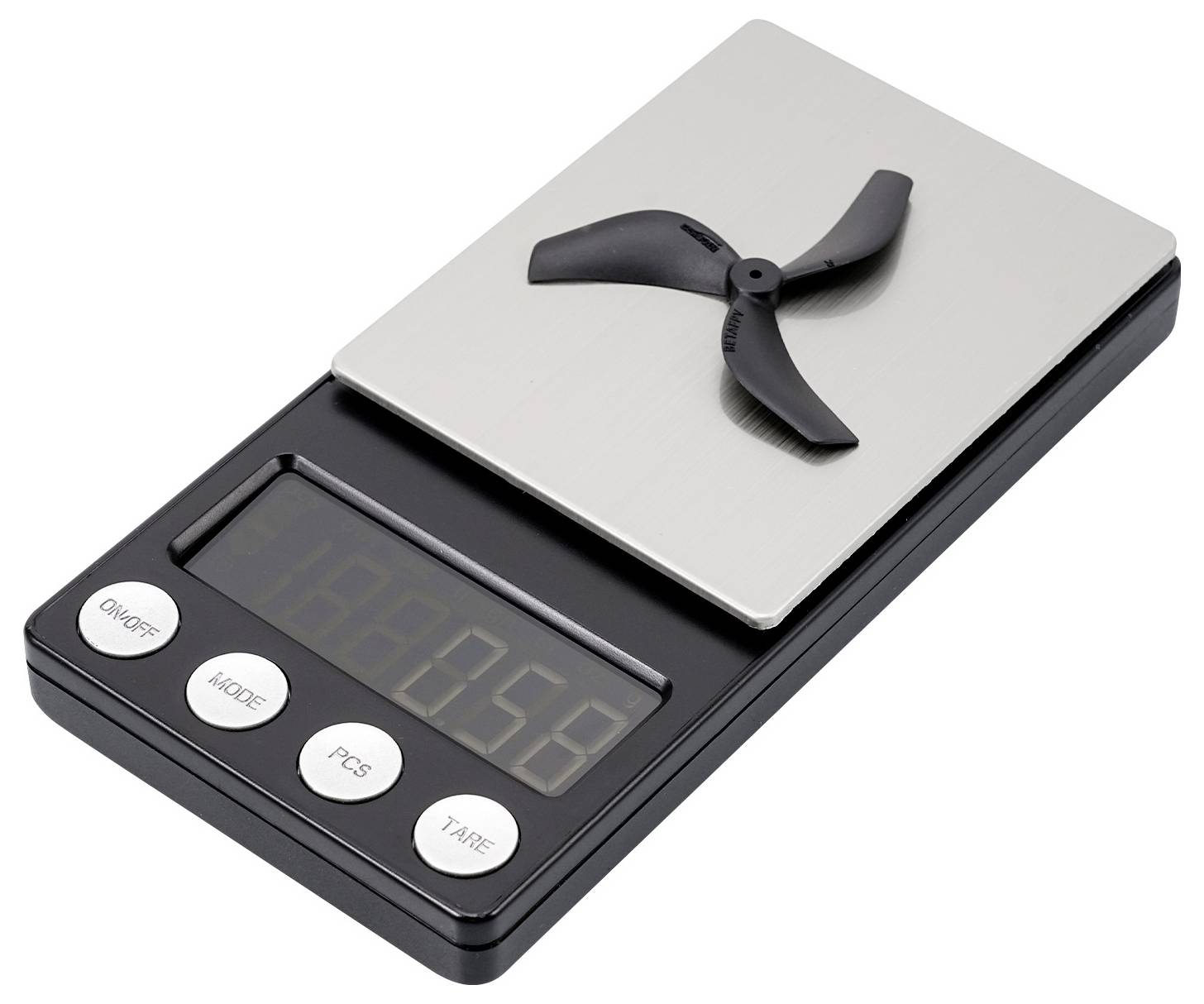 Digitale Küchenwaage mit Edelstahlplattform, kleinem Lüfter oben und LCD-Display mit Tasten für Modus, Stückzahl, Tara und Ein-/Ausschalter.