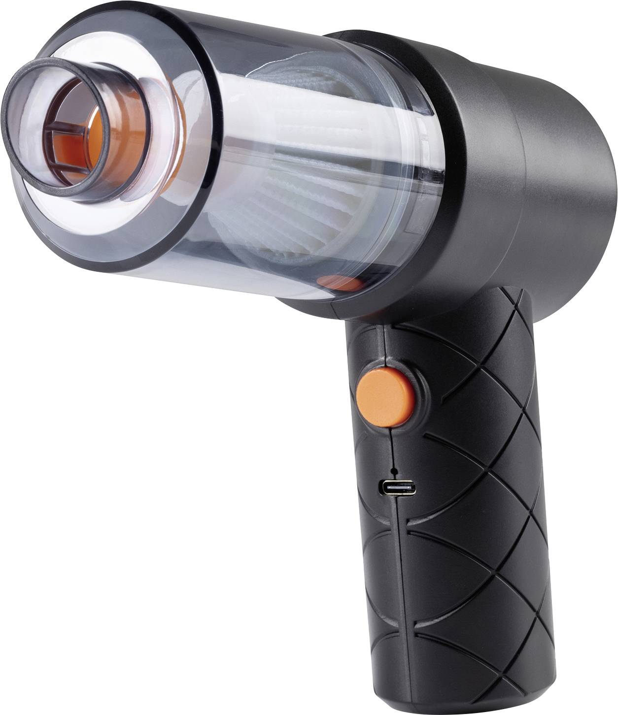 Ein schwarz-grauer tragbarer Fusselentferner mit orangen Akzenten, mit durchsichtigem Kopf und ergonomischem Griff, zum Entfernen von Textilfransen.