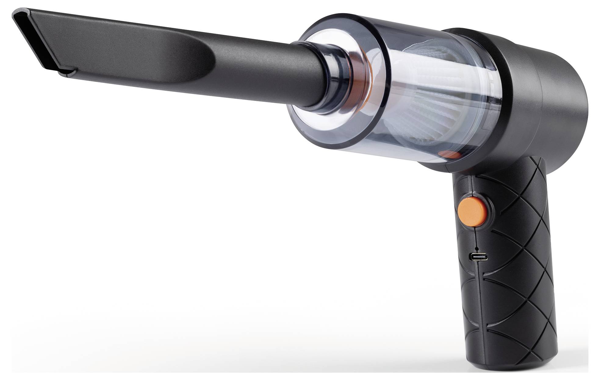 Tragbarer schnurloser Druckluft-Reiniger mit schwarzer Düse und Griff, mit einem sichtbaren Filter in einer transparenten Kammer und einem Stromschalter.