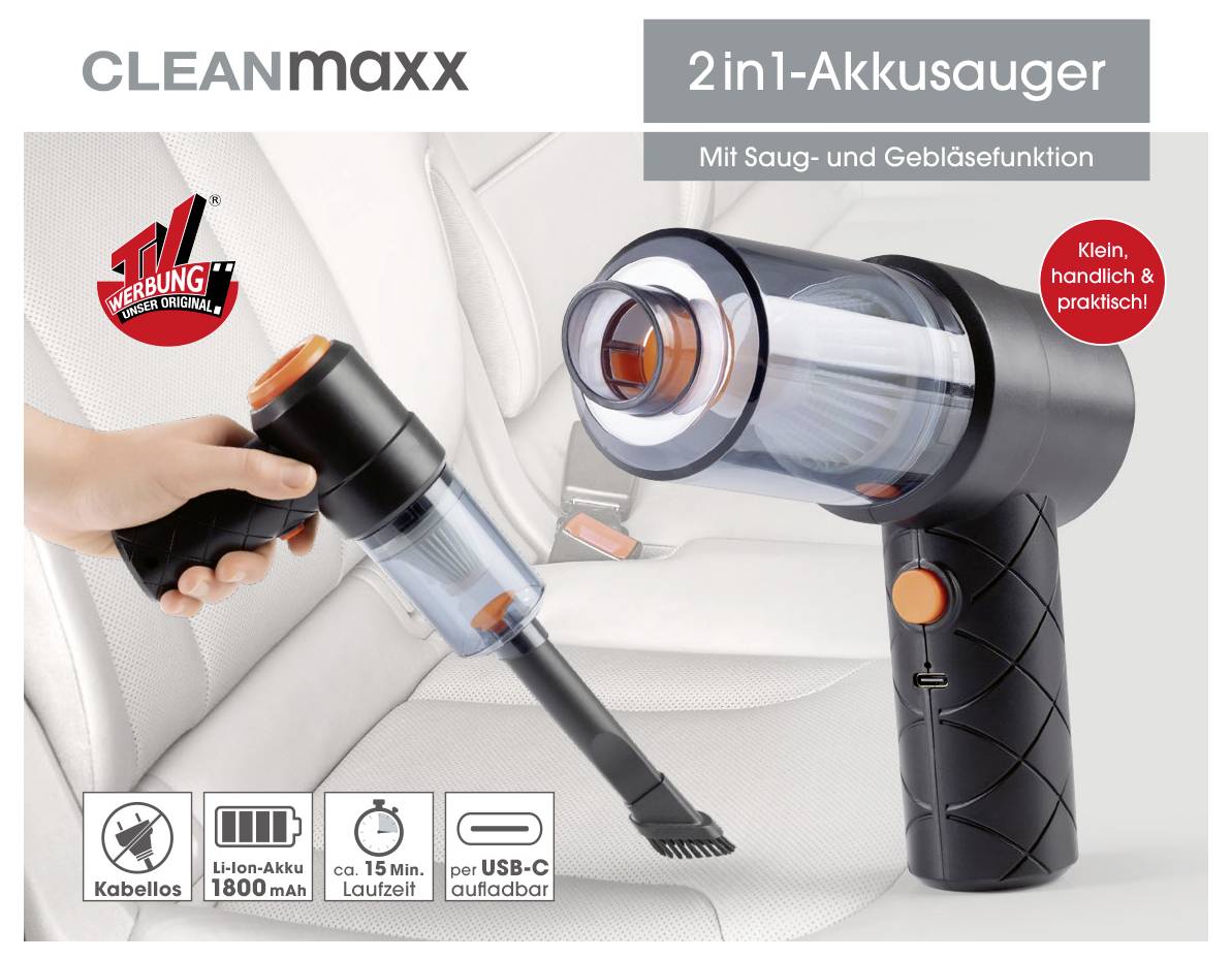 Kabelloser 2-in-1-Akkusauger von CLEANmaxx, ideal für Autositze. Mit Saug- und Gebläsefunktion. Klein, handlich, praktisch.
