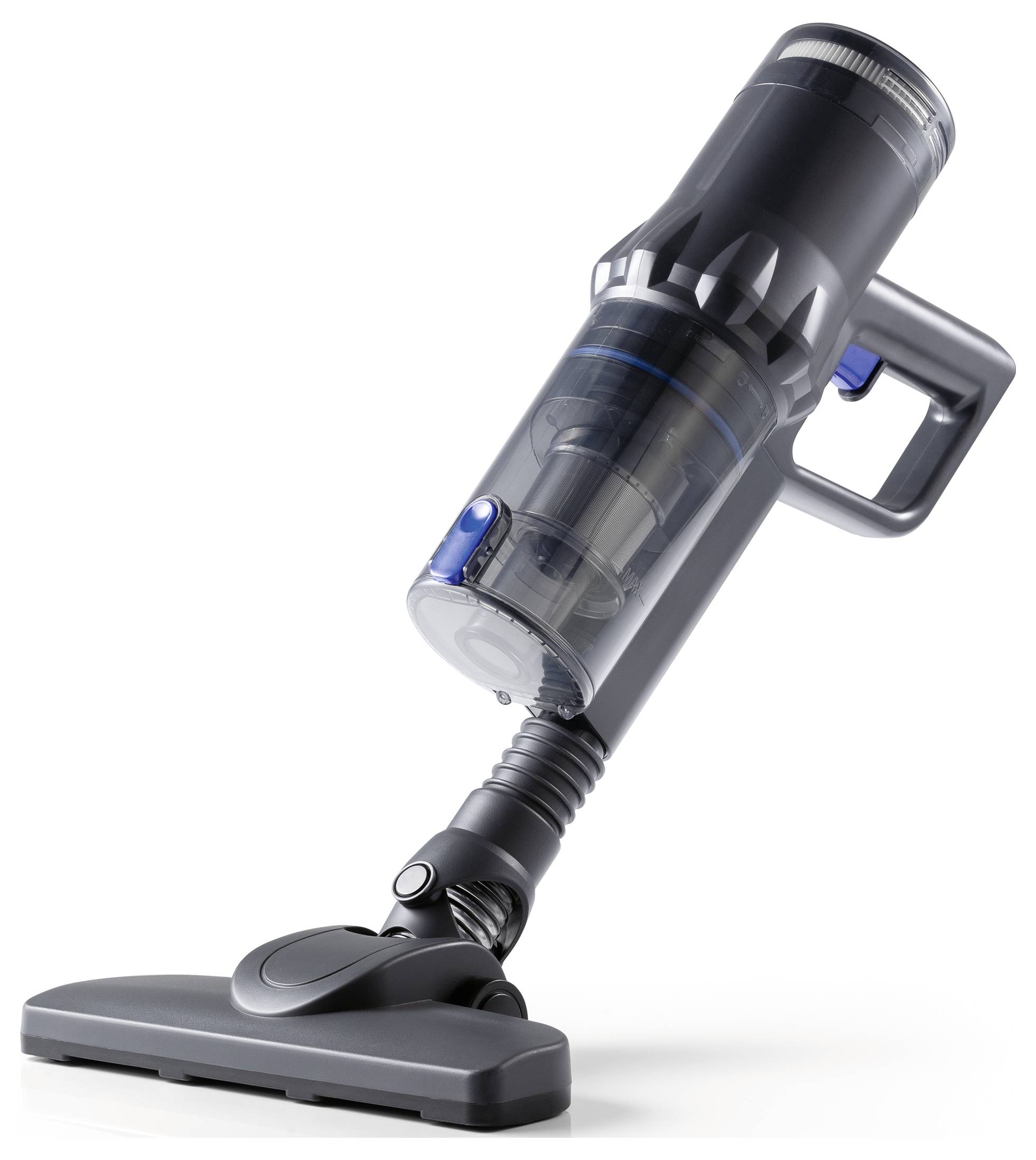 Ein schlanker, moderner kabelloses Staubsauger mit transparentem Staubbehälter, abgewinkeltem Bürstenkopf und ergonomischem Griff, der Benutzerfreundlichkeit suggeriert.