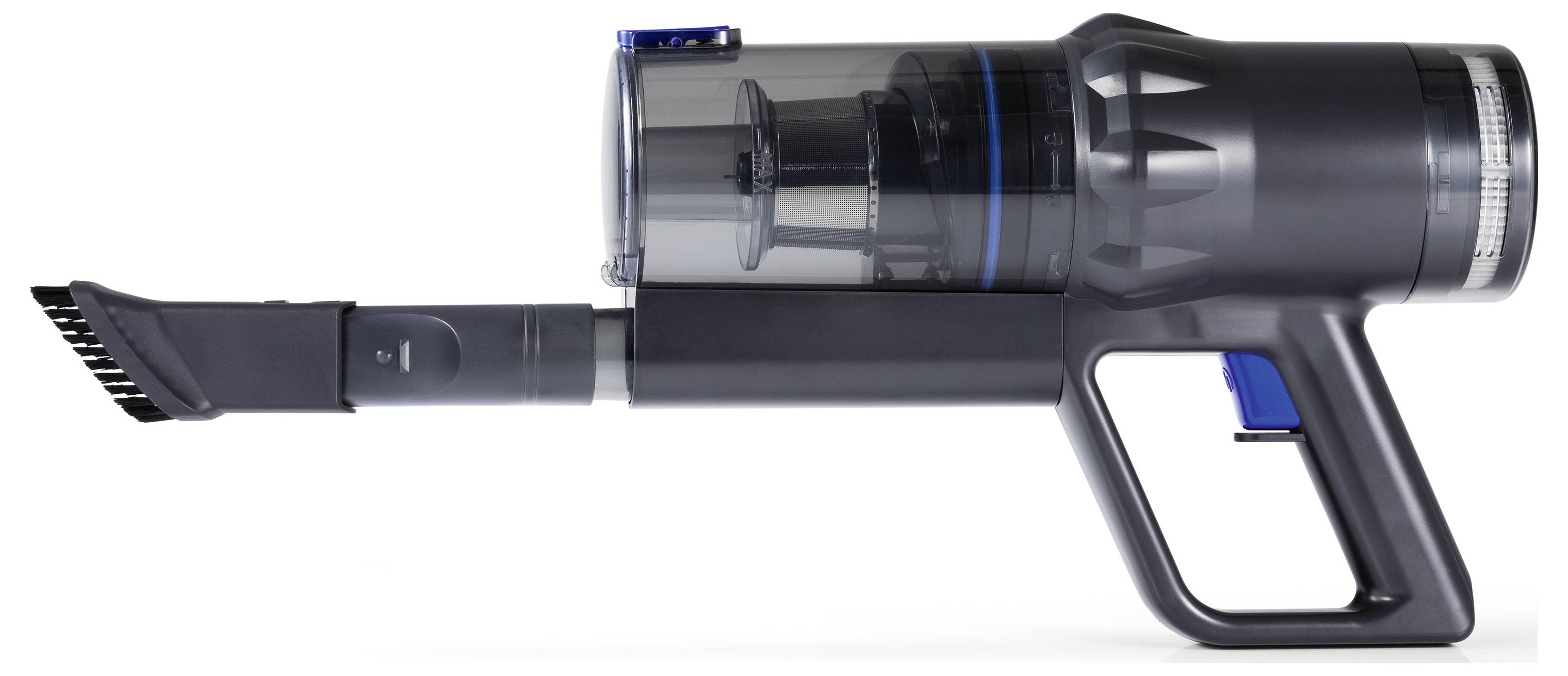 Tragbarer kabelloser Staubsauger mit transparentem Staubbehälter, verlängerter Düse und ergonomischem Griff für einfache Bedienung.